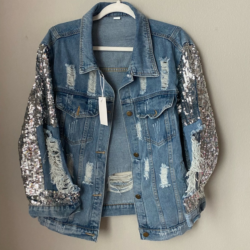 NEW Vintage Distressed Denim Sequin Bling Jacket